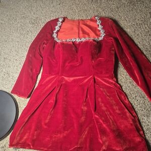 Red Velvet Dress with Embellished Neckline